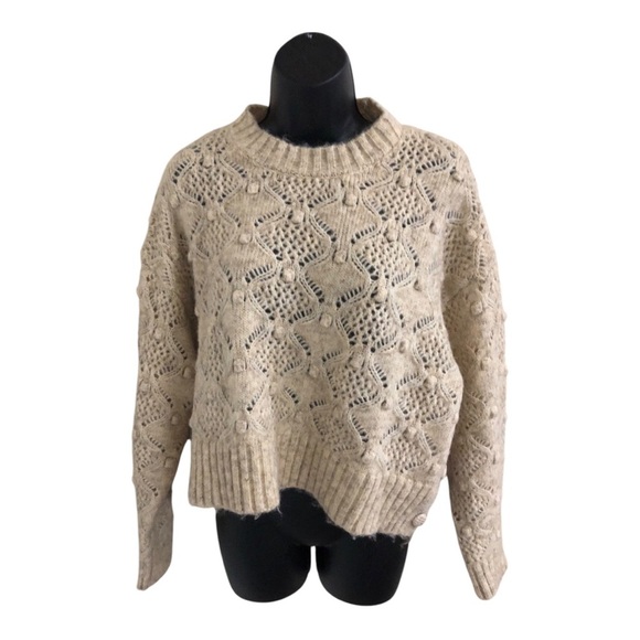 Tan crewneck knotted heirloom farmhouse style fuzzy crochet knit sweater size L - Picture 12 of 17